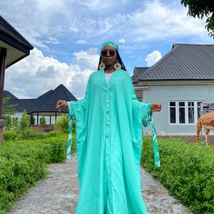 Silk maxi kimono & pants with scarf/buttoned bubu and trousers set/plus size bubu kimono set/oversized kimono 2 piece/Summer Beach wear