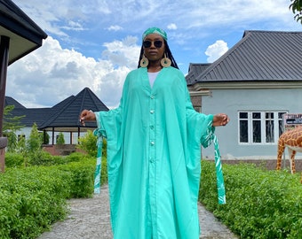 Silk Maxi Kimono & Pants Set: Buttoned Bubu with Matching Scarf