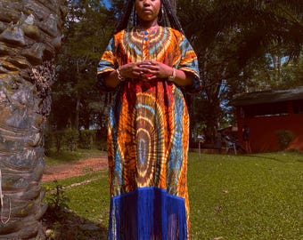 Ankara Tie Dye Kaftan Dress, Cotton African Print Bubu with Fringe