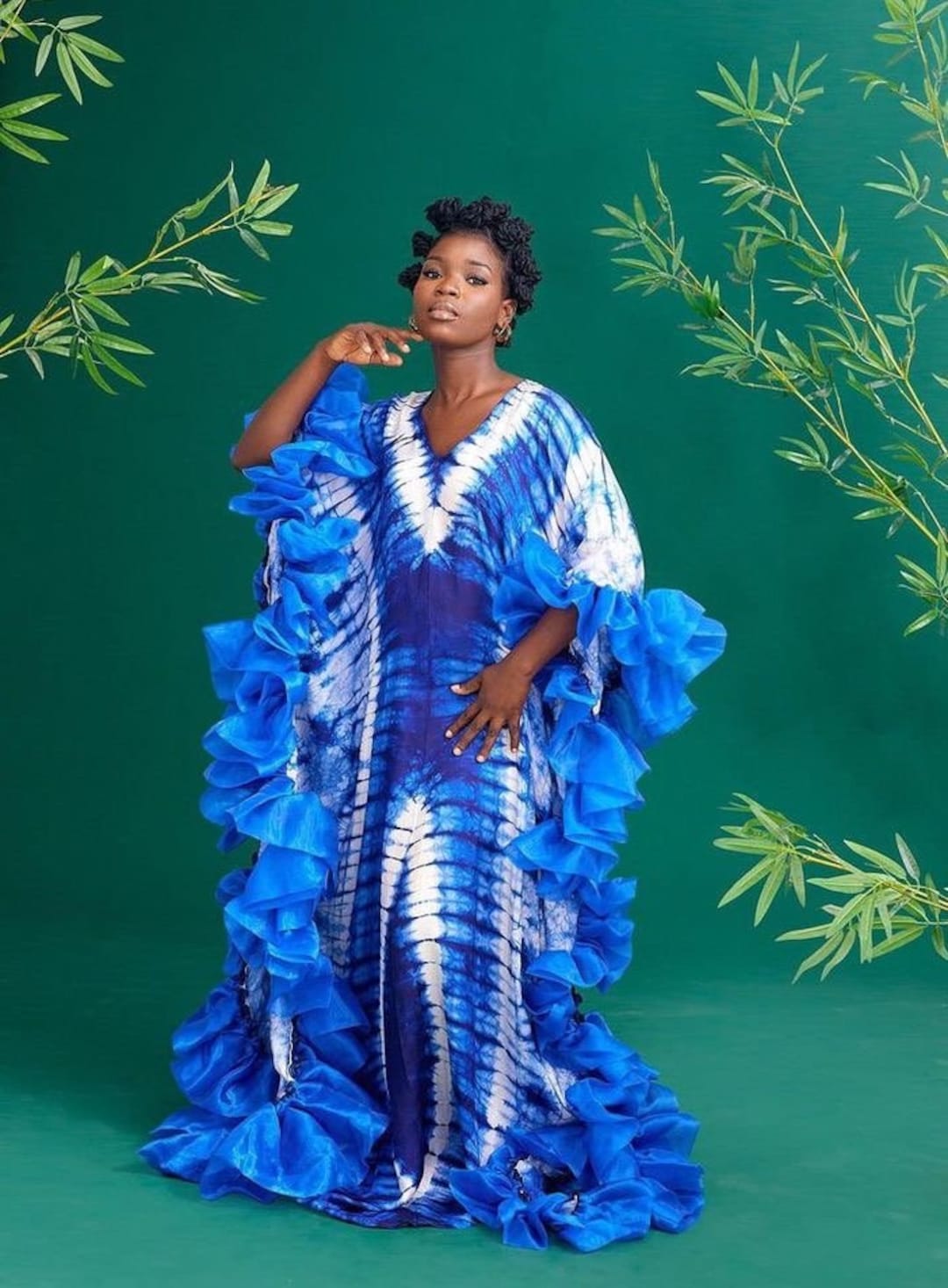 Silk Adire Tie Dye Kaftan Dress: Organza Trim, Plus Size Boubou - Etsy