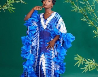Silk Adire Tie Dye Kaftan Dress: Organza Trim, Plus Size Boubou