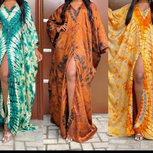Silk Adire buttoned kaftan/tie dye kimono bubu/African print plus size women clothing/gift for her/floor length maxi dress