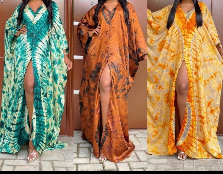 Silk Adire buttoned kaftan/tie dye kimono bubu/African print plus size women clothing/gift for her/floor length maxi dress