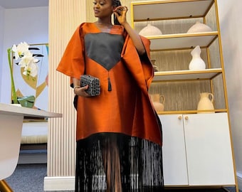 Mikado Silk Kaftan with Fringe embellishments/Tassel Silk Bubu/Free size Women Boubou