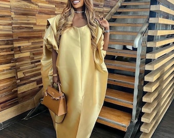 Mikado silk kaftan, Maxi agbada bubu, plus size women gown, wedding guest party dress, floor length gown, luxury gold relaxed fit tunic