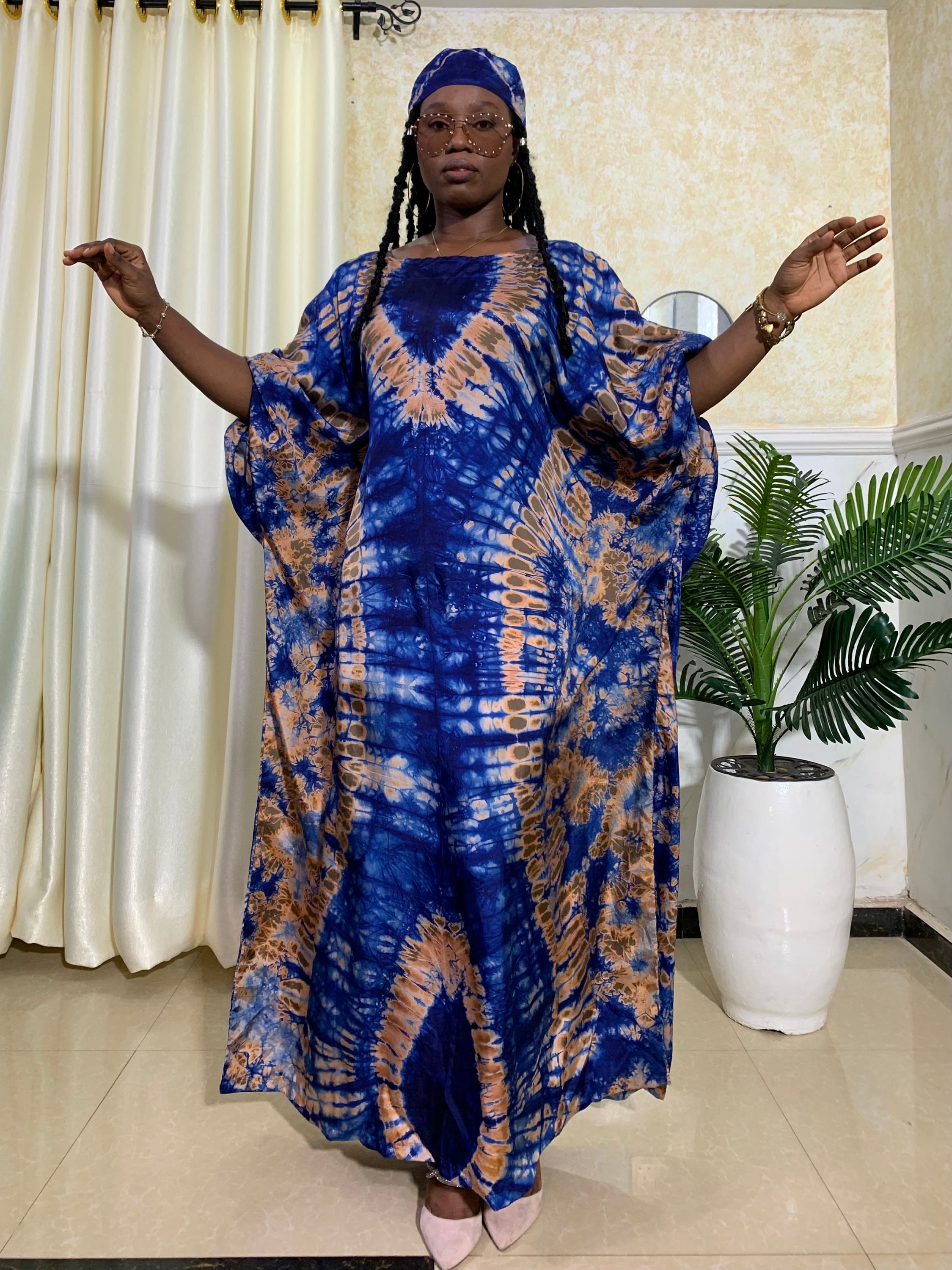 knee length dresses for ladies Tie Dye Off Shoulder Maxi Dress. Blue Drop Waist Dress by Nuichan main image 1