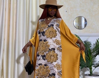 Luxury Silk Brocade Kaftan, Yellow Damask Abaya, African Wedding Guest Gown