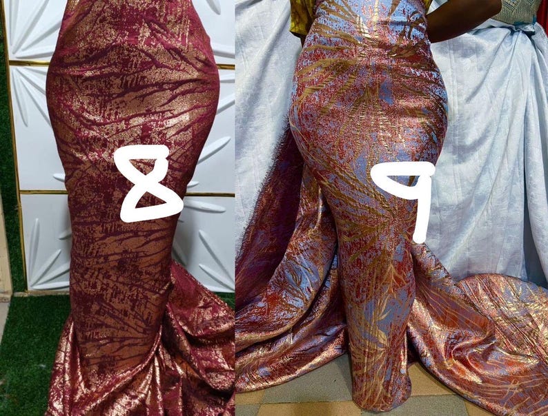 May include: Two floor-length mermaid-style skirts. The skirt labeled 8 is deep burgundy with a metallic gold textured pattern. The skirt labeled 9 is light blue with a metallic gold leaf-like pattern and a long, flowing train extending outward.