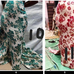 May include: Two floor-length gowns featuring a white base with floral patterns. The gown on the left displays a teal green floral print, while the gown on the right features a red floral print. Both garments have a fitted silhouette and a train.