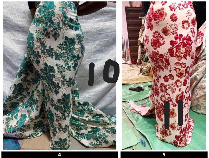 May include: Two floor-length gowns featuring a white base with floral patterns. The gown on the left displays a teal green floral print, while the gown on the right features a red floral print. Both garments have a fitted silhouette and a train.