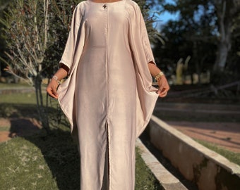 Silk Maxi Kaftan With Scarf: Beige Duchess Silk Bubu Gown
