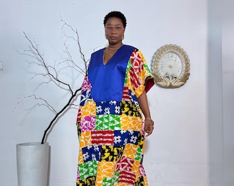 V-neck Open Back Kaftan, Patchwork African Print Maxi Dress, Colorful Summer Bubu