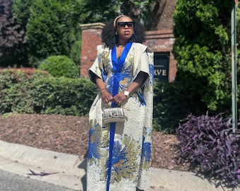 Brocade Agbada Kimono and Pants Set, luxury women 2 piece set, Wedding guest outfit, Damask bubu and high waist pants, beautiful Party set