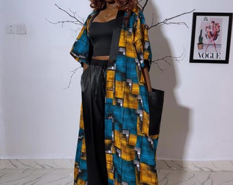 Ankara Kimono Jacket & Silk Wide-Leg Pants Set: African Print Duster