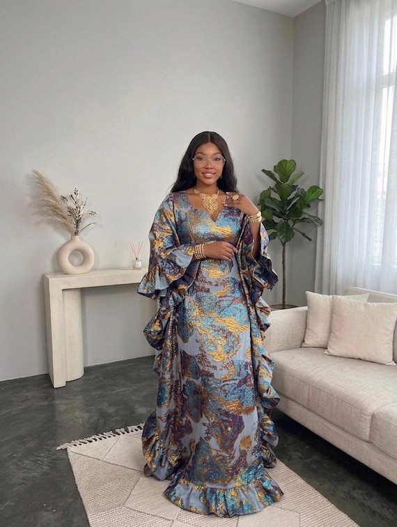 Luxury Brocade Kaftan with ruffles design,Maxi Brocade bubu, Wedding guest outfit,  Free size African party dress