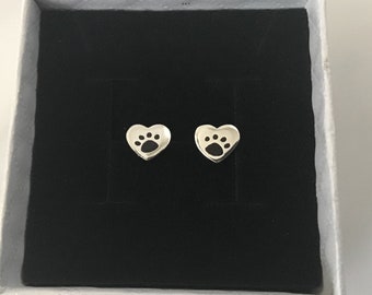925 Sterling Silver Paw Print, Pair of Heart Stud Earrings, Great Design