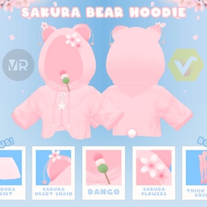 May include: Pink hooded sweatshirt with bear ears, a zipper, and a white snowflake charm. The hoodie has a cropped length and is decorated with pink cherry blossoms. The image also shows a pink skirt, a heart-shaped charm with cherry blossoms, a dango skewer, and a pair of pink thigh-high socks.