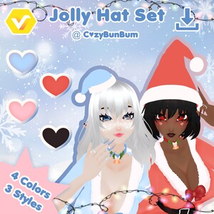 May include: A digital illustration of two avatars wearing festive hats. One avatar has white hair and is wearing a blue hat with a white pom-pom. The other avatar has dark hair and is wearing a red Santa hat. Both avatars are wearing festive clothing and are surrounded by snowflakes and Christmas lights. The text "Jolly Hat Set" and "@CvzyBunBum" is displayed above the avatars. The text "4 Colors 3 Styles" is displayed below the avatars.
