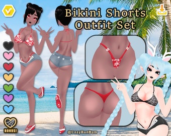Può includere: Un set illustrato di pantaloncini bikini. L'immagine presenta due figure che indossano un top bikini floreale rosso e bianco con pantaloncini di jeans. Il testo "Bikini Shorts Outfit Set" è visualizzato in un carattere stilizzato. Sono mostrati anche altri stili di bikini.