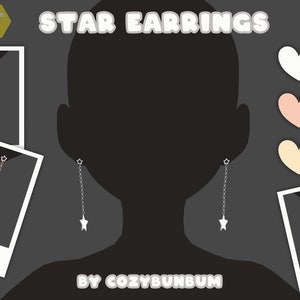May include: A pair of star-shaped dangle earrings with a chain. The earrings are available in silver, rose gold, and gold. The image shows a silhouette of a person wearing the earrings.
