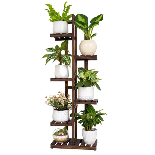 Wood Plant Stand 6 Tier 7 Potted Plant Shelf Indoor Outdoor Tall Multi-Tiered Flower Pot Holder Modern Ladder Storage