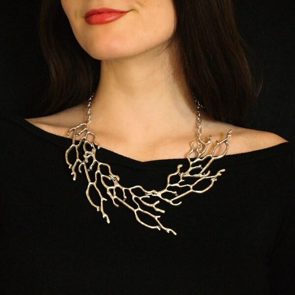 Silver Statement Necklace - Tree Branch Design - Abstract Nature Jewelry - Chunky Bib Necklace