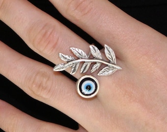 Silver Leaf Evil Eye Ring