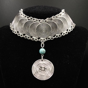 Thick Silver Choker Necklace with Light Blue Bead