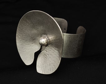 Thick Silver Cuff Bracelet— Anthurium Flower