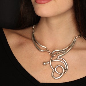 Abstract Silver Necklace - Chunky Asymmetrical Statement Jewelry - Bohemian Bib Necklace