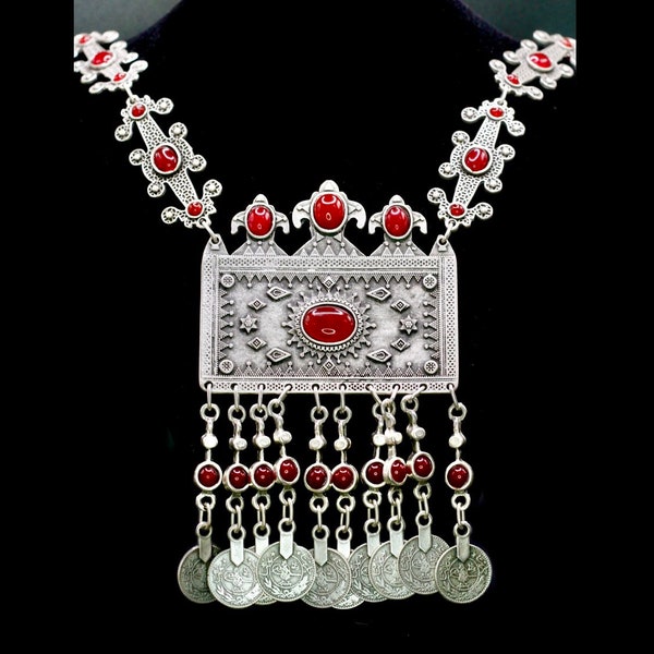 Red Bohemian Dangling Coin Necklace - Beautiful Afghan Kuchi Design - Gypsy Exotic Fashion - Large Bib Statement Necklace -