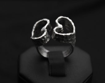 Silver Heart Ring - Chunky Hammered Silver Heart Cutouts - Valentines Day Ring