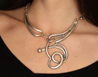 Abstract Silver Necklace - Chunky Asymmetrical Statement Jewelry - Bohemian Bib Necklace
