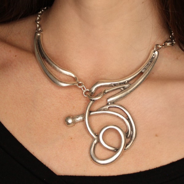 Abstract Silver Necklace - Chunky Asymmetrical Statement Jewelry - Bohemian Bib Necklace