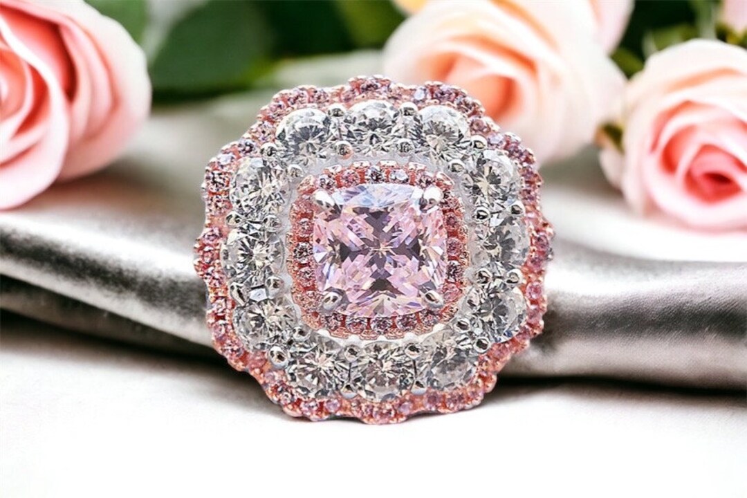 1 Carat Fancy Pink Lab Created Diamond Simulant Triple Halo Etsy