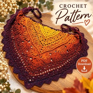 May include: A triangular crochet shawl featuring a gradient color transition from yellow at the center to orange and deep purple at the scalloped edges. The text CROCHET Pattern and PDF Download with a downward arrow icon are visible.