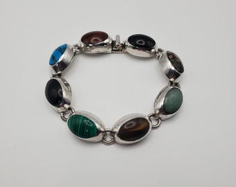 Vintage Taxco Mexico 925 Sterling Silver Multi-gemstone Chunky