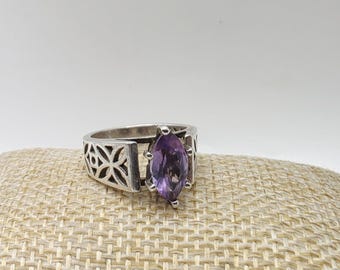 925 Sterling Silver Amethyst Marquise Solitaire Ring Size 6