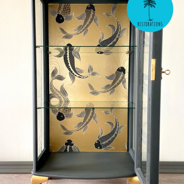 SOLD - Koi Fish Design Grey & Gold Display Cabinet