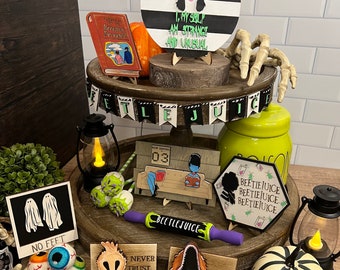 Spooky Halloween Decor Set - Tim Burton Tray Decor - Dark and Whimsical Halloween Signs and Decorations,