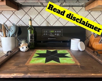 Espresso Stained Wood Stove Top Cover: Quilt Design Noodle Board