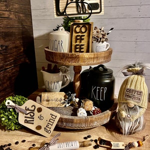 Coffee tray decor, coffee bar set, coffee tier tray, bookshelf decor, charming coffee addict bundle, mini wood signs, tier tray decor