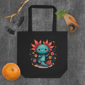 Axolotl Tote Bag – Mexican Folk Art Style Canvas Bag – Cute Colorful Salamander Print – Reusable Shopping Bag – Gift for Her