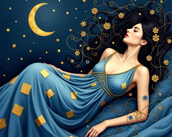 10 Klimt-inspirerade feminina porträtt – JPG-konsttryck, hög upplösning 300 DPI, eterisk akvarell och guldmosaikstil