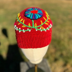 Red Wool Beanie with Embroidery | Hand-Embroidered Red Beanie | Peruvian Handmade Chullo