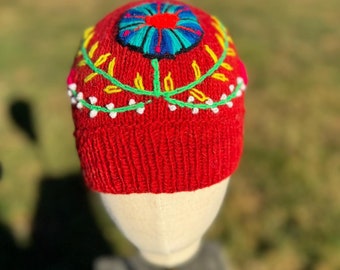 Hand-Embroidered Red Wool Beanie: Peruvian Chullo