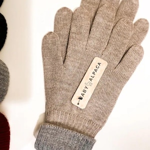May include: A pair of brown knitted gloves with a gray cuff. The gloves have a tag that says "Baby Alpaca".