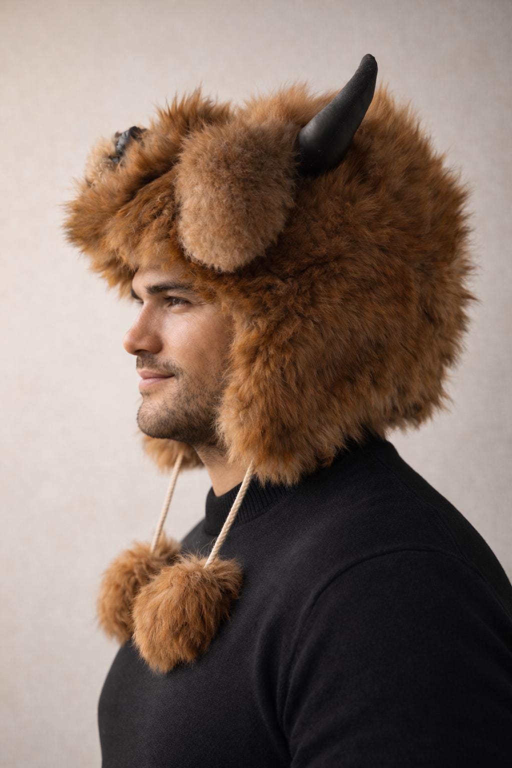 Faux Fur Trapper Hat with Animal Horns Ears Unisex Winter Costume Hat Buffalo Hat With Horns Faux Fur Cowhorn Hat - Winter Trapper  main image 4