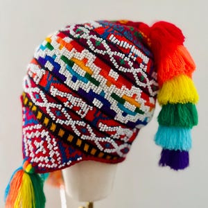 Genuine peruvian hat | Peruvian Chullo with beads Pom Pom | Colorful unisex wool earflaps Chullo | Q’ero Andean Chullo Cap