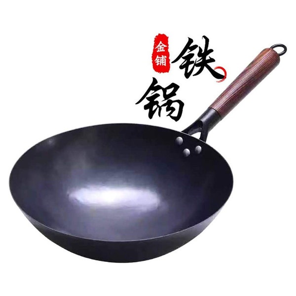 100% Hand Hammered Iron Woks Stir Fry Pans, Non-stick, No Coating, Less Oil, Black Seasoned Wooden handle